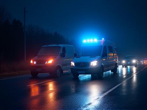 Furgoneta de asistencia en carretera ayudando a un vehículo de noche.